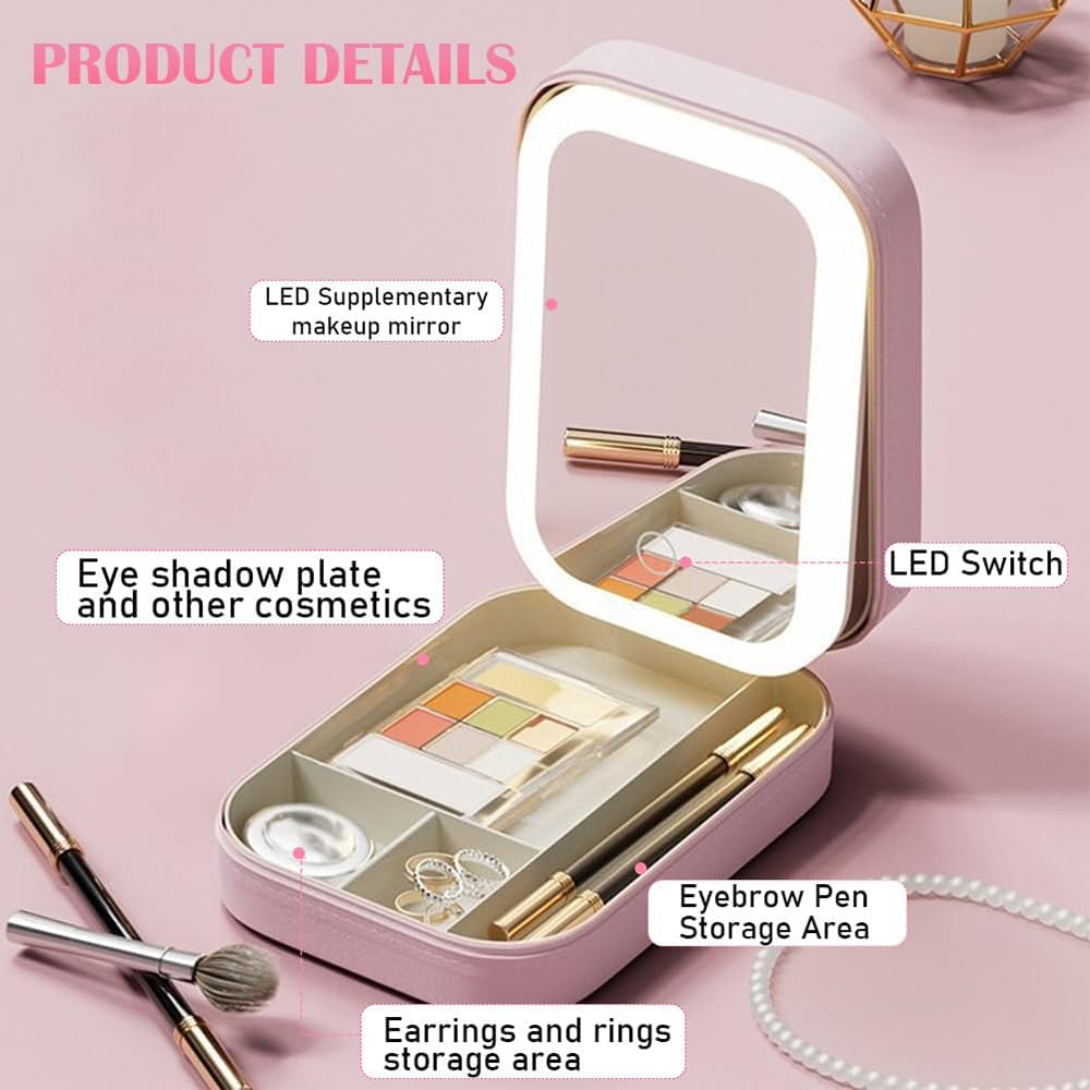 LED Makeup Mirror Pouch Cosmetic Storage Bag with Touch Sensor Mirror | 3 Color Light Modes | Adjustable Brightness | Travel Makeup Organizer Case