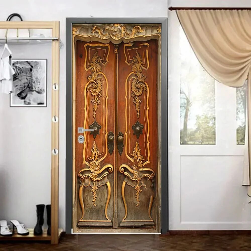 Retro Wooden Door Stickers Imitation Wood Doors Sticker 3D Self