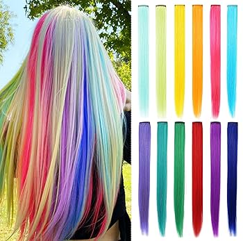 Neon Clip-in Hair Extensions for Girls, Synthetic 22" Straight Highlight Hairpieces, Party & Halloween Accessories