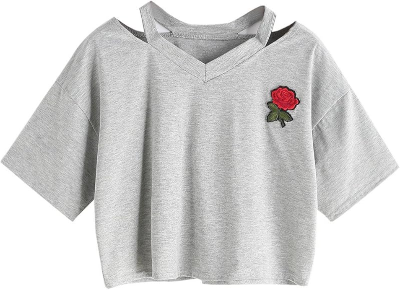 Trendy Women's Loose-Fit Crop Top with Printed Rose
