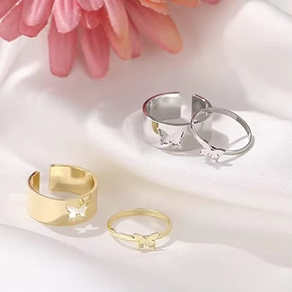 2 Pcs Adjustable Butterfly Couple Rings Set Golden Open Engagement Ring for Girls Boys