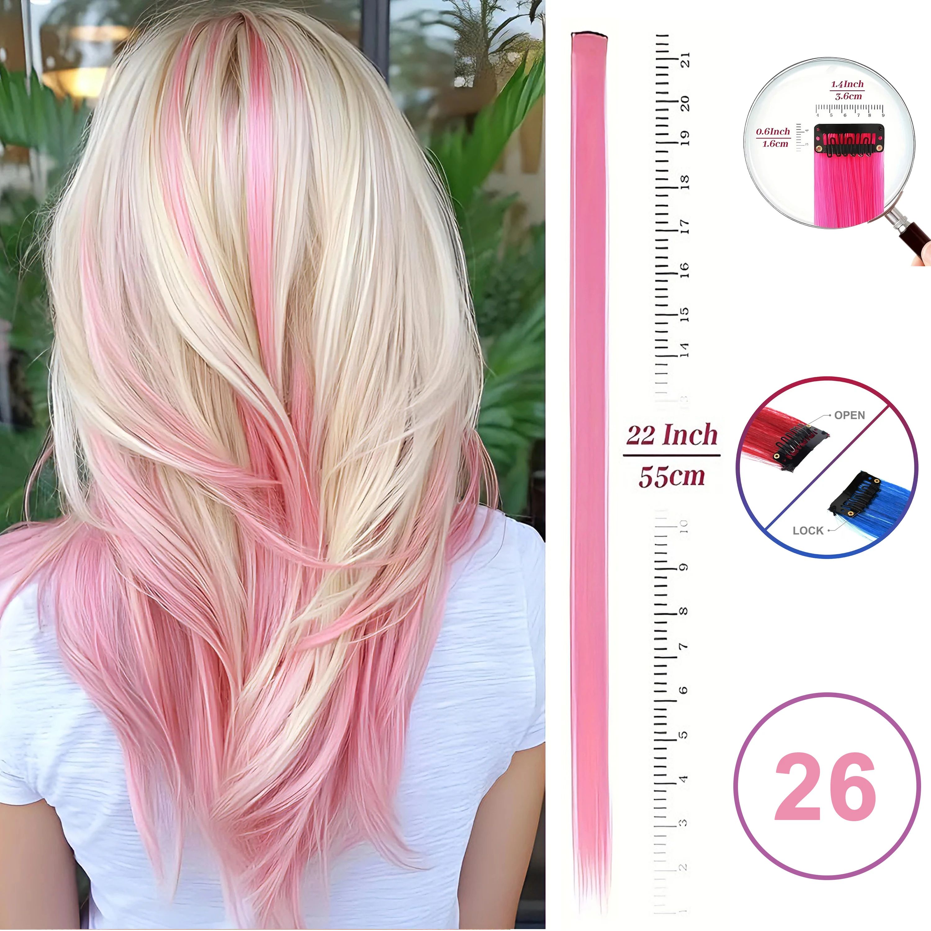 Hair Extensions Clip-In Neon Synthetic Hairpieces, 22" Straight Highlights for Kids & Girls – 1 Piece