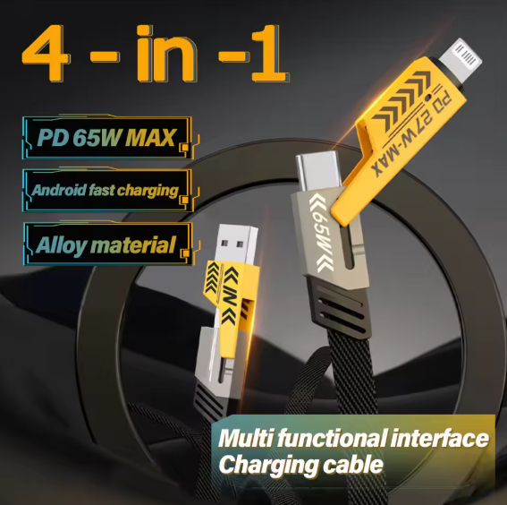 4-in-1 Universal Fast Charging Data Cable | 5A 27W Super Charge | Flat Tangle-Free Wire | USB to Type-C, iPhone Lightning, Micro USB | Nylon Braided Durable Cable for Android, Samsung, iPhone, Huawei, Xiaomi, Oppo, Vivo & More – Black/Yellow price in Pakistan