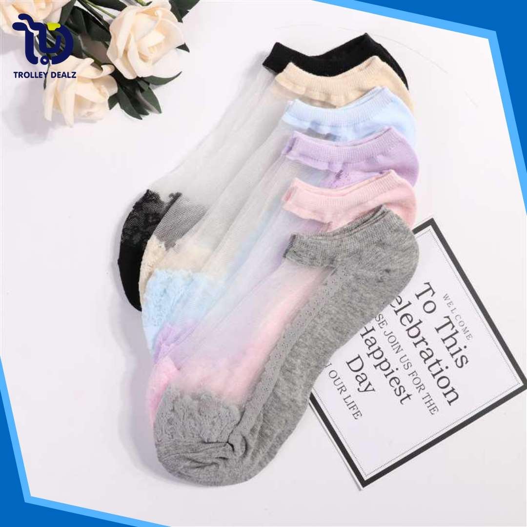 Pack of 5 - Comfortable Breathable Ankle Socks for Woman Soft Sport Short Ladies Socks Fancy Ladies Net Silk Anti-Slip Socks For Girls Korean Style Ladies Socks Fancy Low Cut Socks For Women .