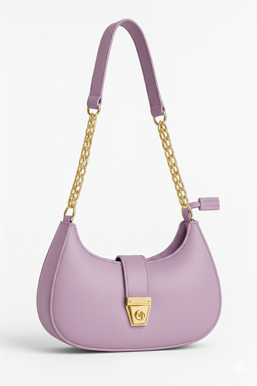 Trendy Faux Leather Crescent Bag – Gold Chain & Turn-Lock