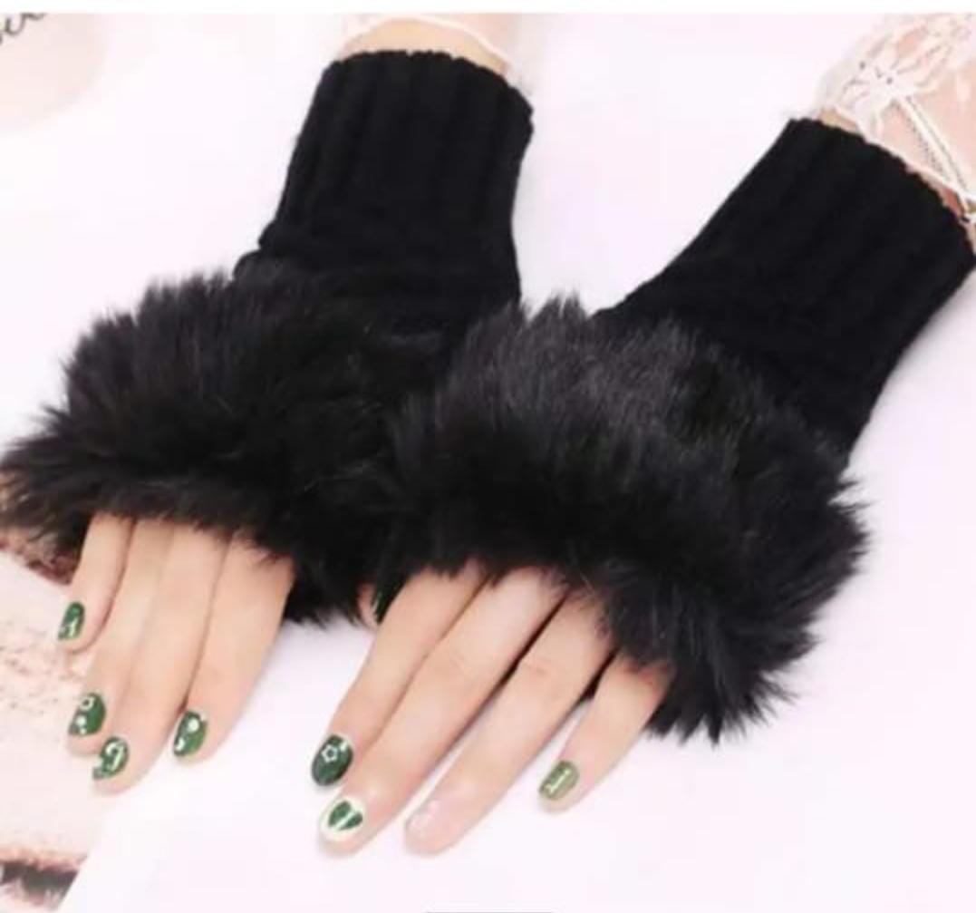 "Winter Knitted Fingerless Gloves with Faux Fur Warm Hand Warmers for Women & Girls"