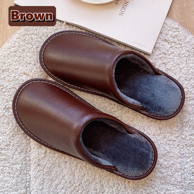 Leather Autumn and Winter Household Slippers Home Indoor Thick Bottom Non-slip Waterproof Warm Home Slipper For Men and Women