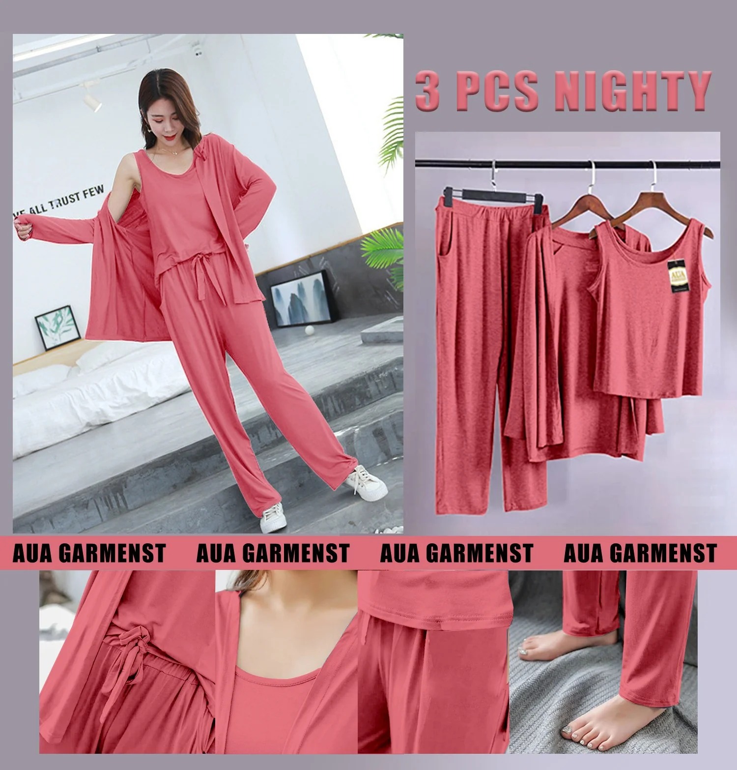 3Pcs Pajama Suit Women Modal Long-Sleeved Vest For Leisure Home Wear Female Sleepwear Night Dress - Hot Pink By Aua Garments