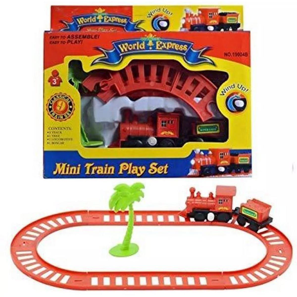 Mini Train Play Set For Kids - 1 Locomotive, 6 Track, 1 Boxcar  & 1 Tree