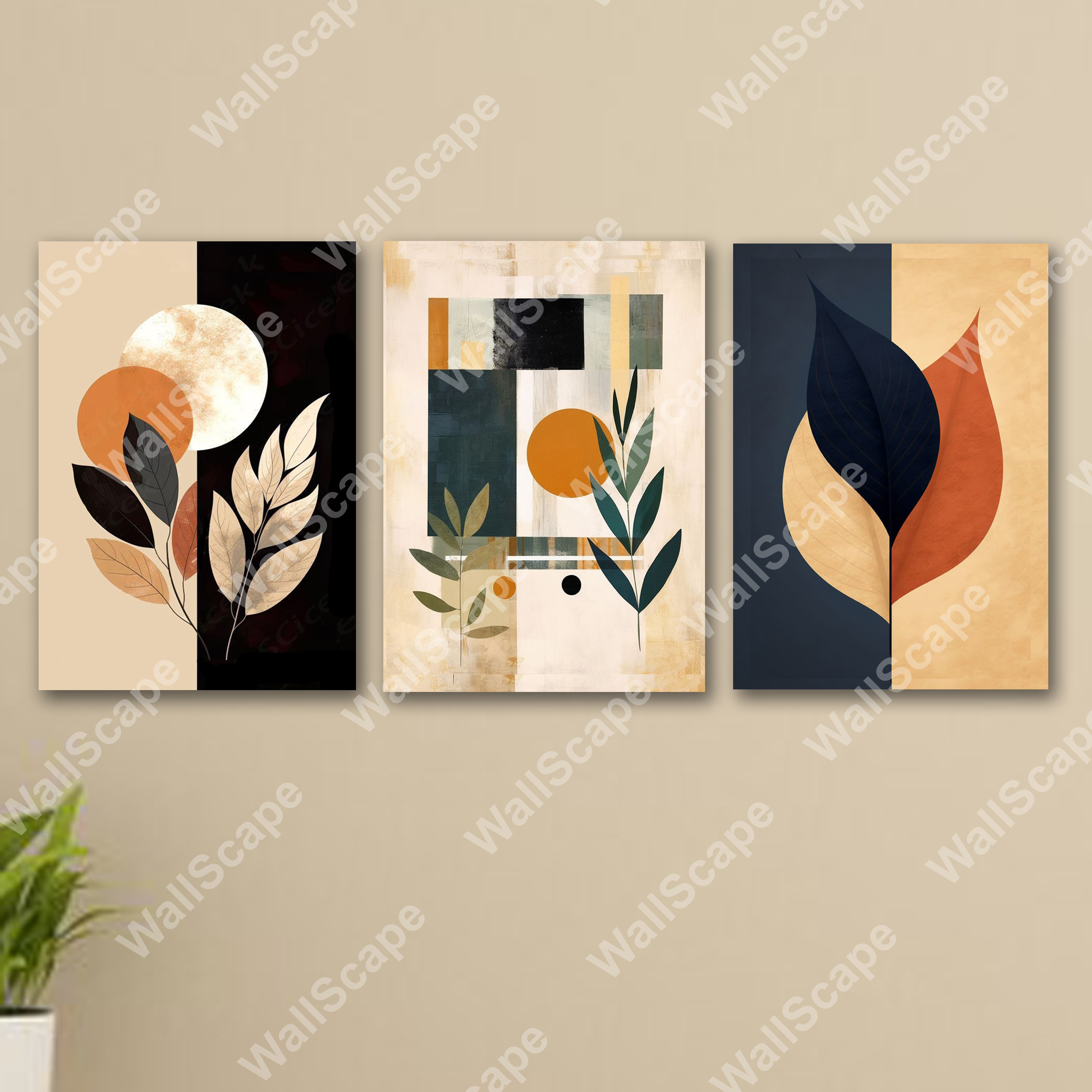 set of 3 boho abstract art aesthetic wooden MDF sticky phototile frames for wall decoration
