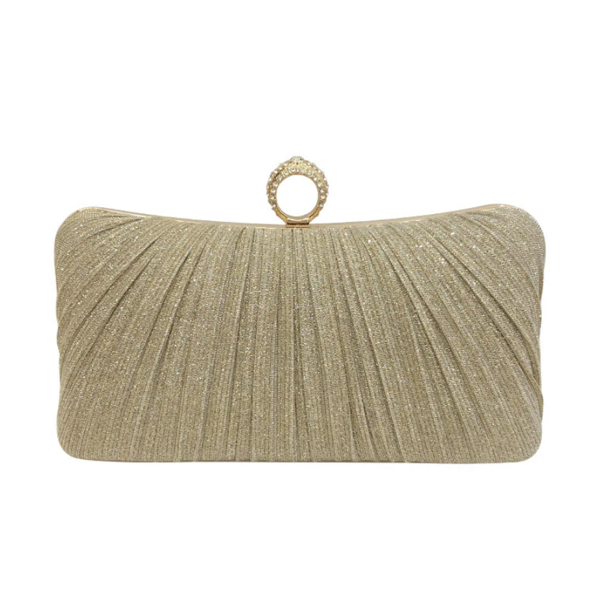 Luxury Pleated Glitter Evening Clutch Bag for Women – Pearl Ring Clasp with Rhinestone Detail | Fancy Bridal Purse for Wedding, Party & Formal Events