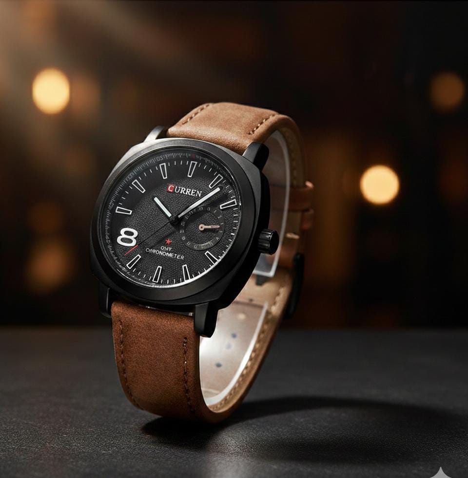 Luxury GMT Chronometer Watch for Men – Black Dial with Brown Leather Strap – Premium Quartz Analog Wristwatch