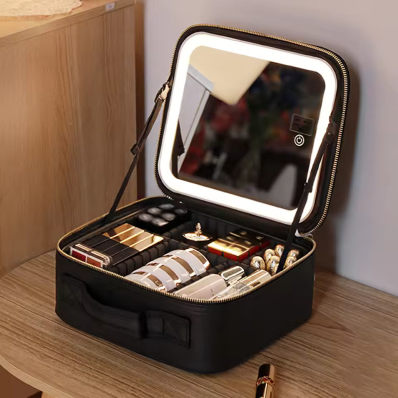 LED Makeup Mirror Pouch Cosmetic Storage Bag with Touch Sensor Mirror | 3 Color Light Modes | Adjustable Brightness | Travel Makeup Organizer Case