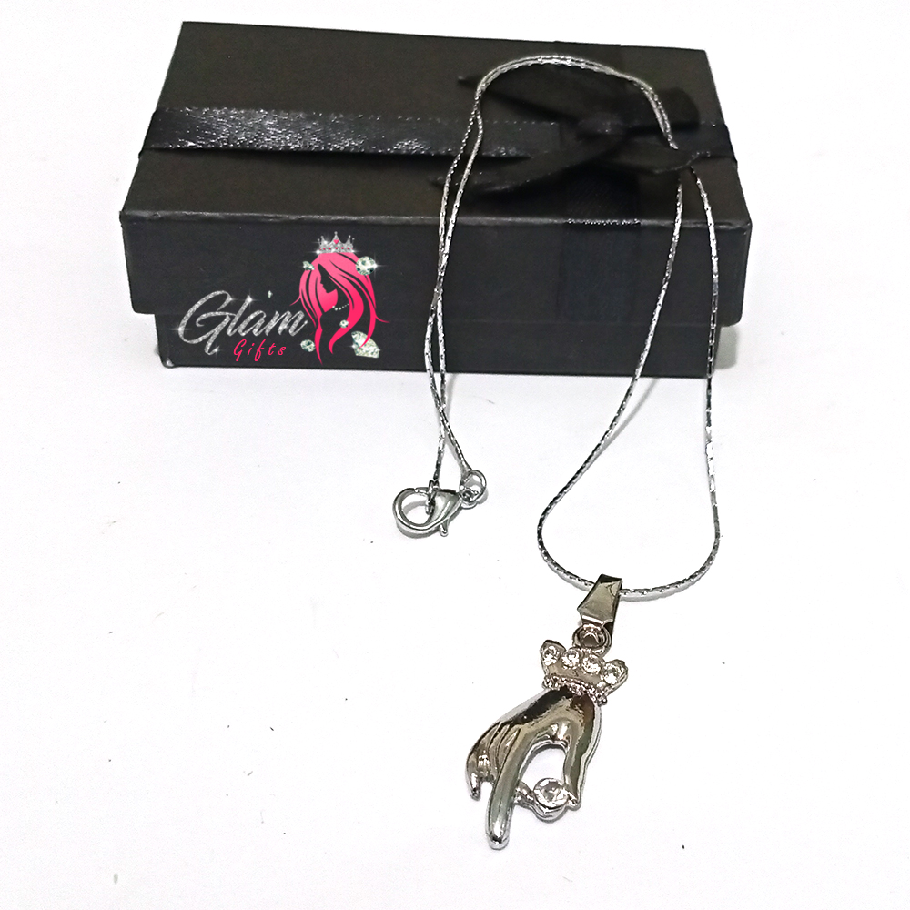 Female Hand with Stone Silver Pendant Necklace Embellished with crystals-Gift Box Included