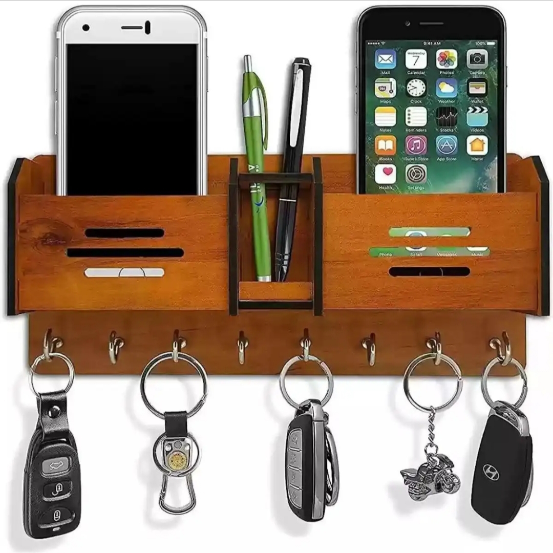 wooden wall keychain mobile phone charging  stand and keychain holder key holder for wall key rack organizer and mobile stand