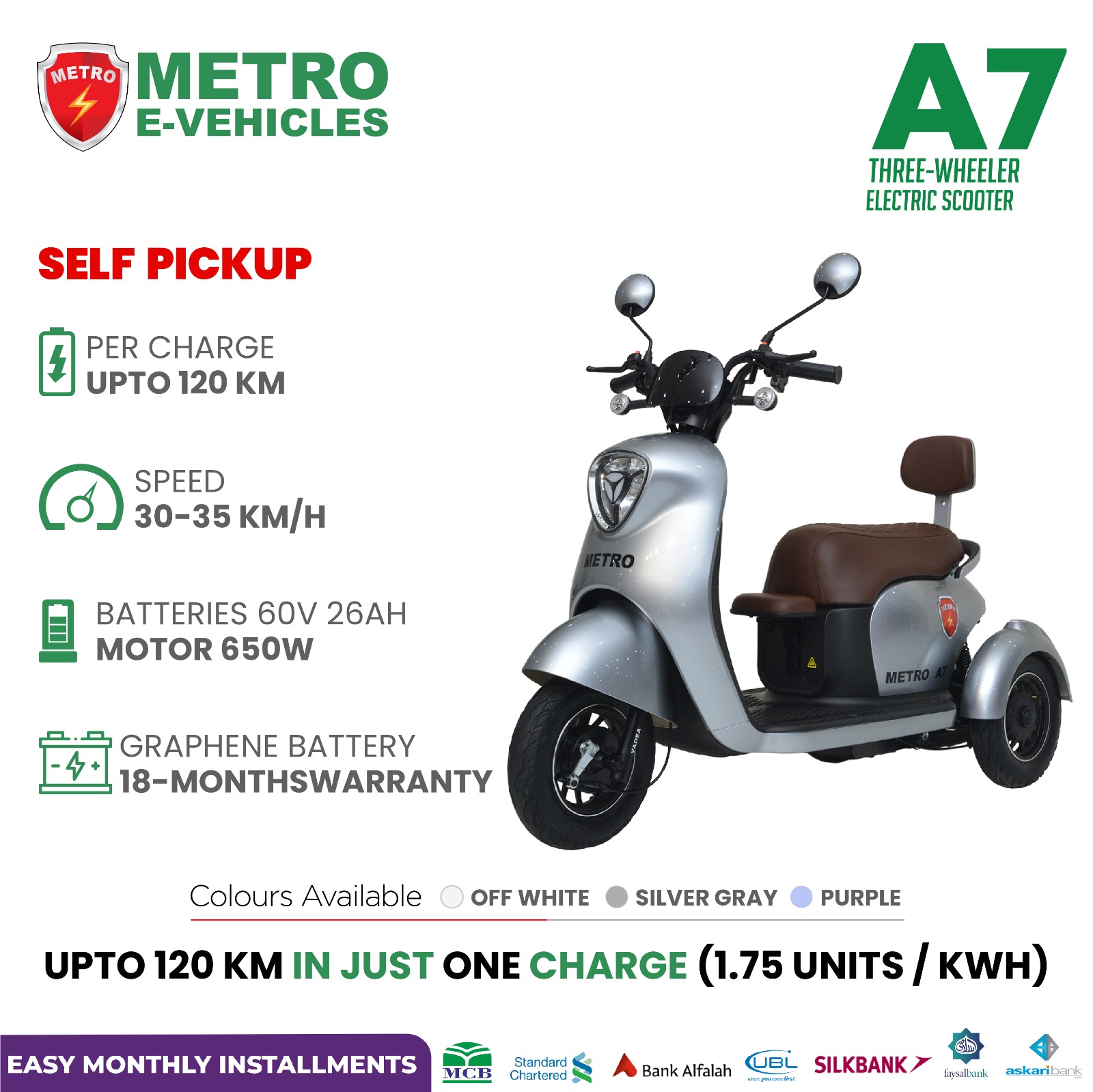 A7 Three Wheeler Electric scooter E-bike-SILVER GRAY PURPLE