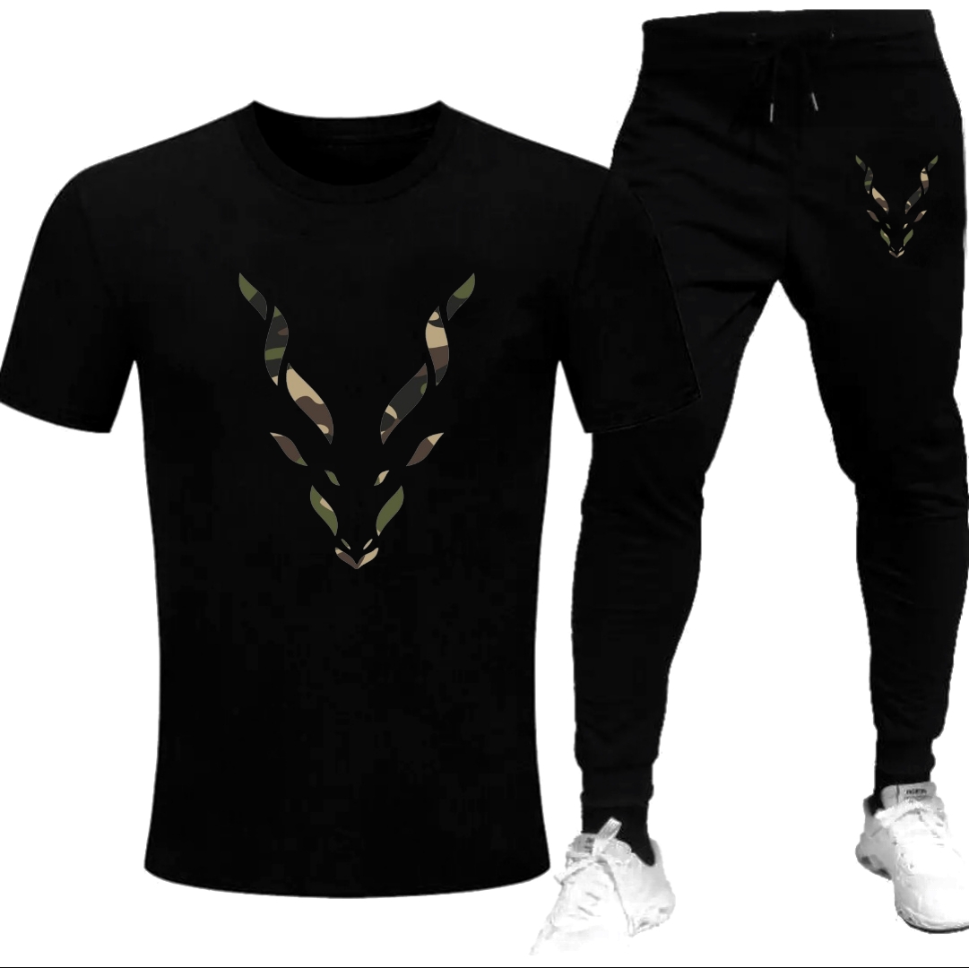 Black Camouflage Markhor Printed Tracksuit For Men - Soft & Comfy Fabric Tshirt & Trouser Commando Printed Tracksuit