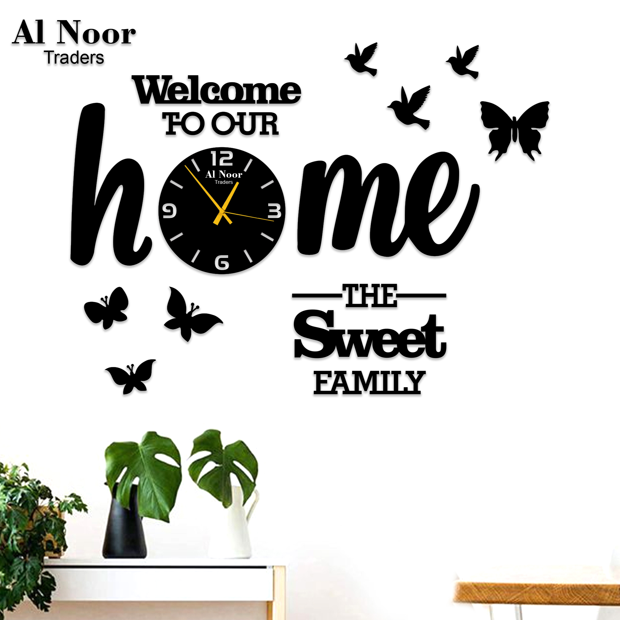 Al Noor Traders Brand Welcome To Our Home The Sweet Family Clock with butterfly and birds wooden Working Wall clock    I Wooden Clock I Clocks I Clock I Home 3D Wooden Wall Clock I Wooden Wall Clock I Wall Clocks I wall clock big I wall clock butterfly
