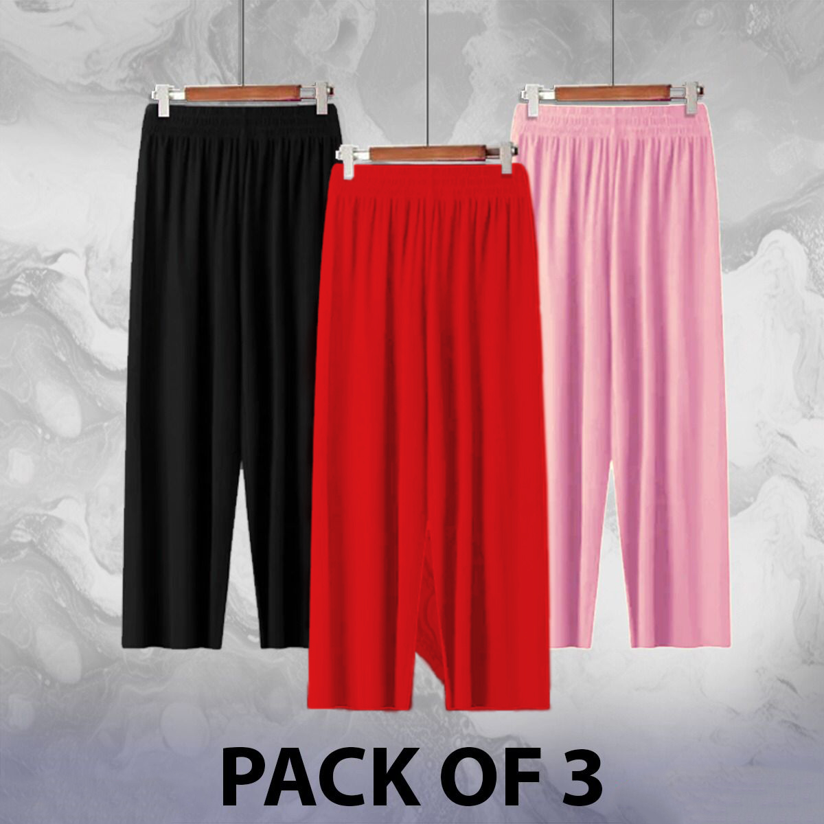 NN Luxury Pack of 3 Palazzo Pants – Adult Size S to XL & kids Size 24 to 34 Length Comfortable & Elegant Nightwear Trousers, Flowy Lounge Flippers for Women’s Relaxation & Home Wear