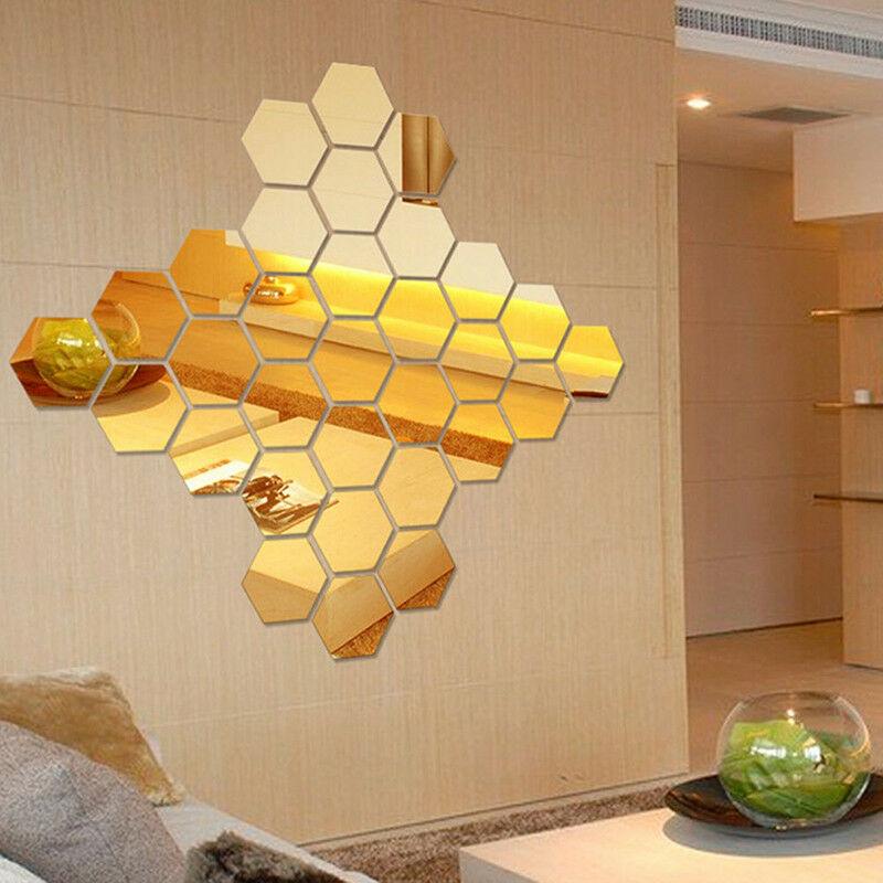 6 Pcs 3D Hexagon Mirror Wall Stickers, Self-Adhesive Acrylic Home Decor for Wall, Bedroom, Office, Reusable Glossy Finish