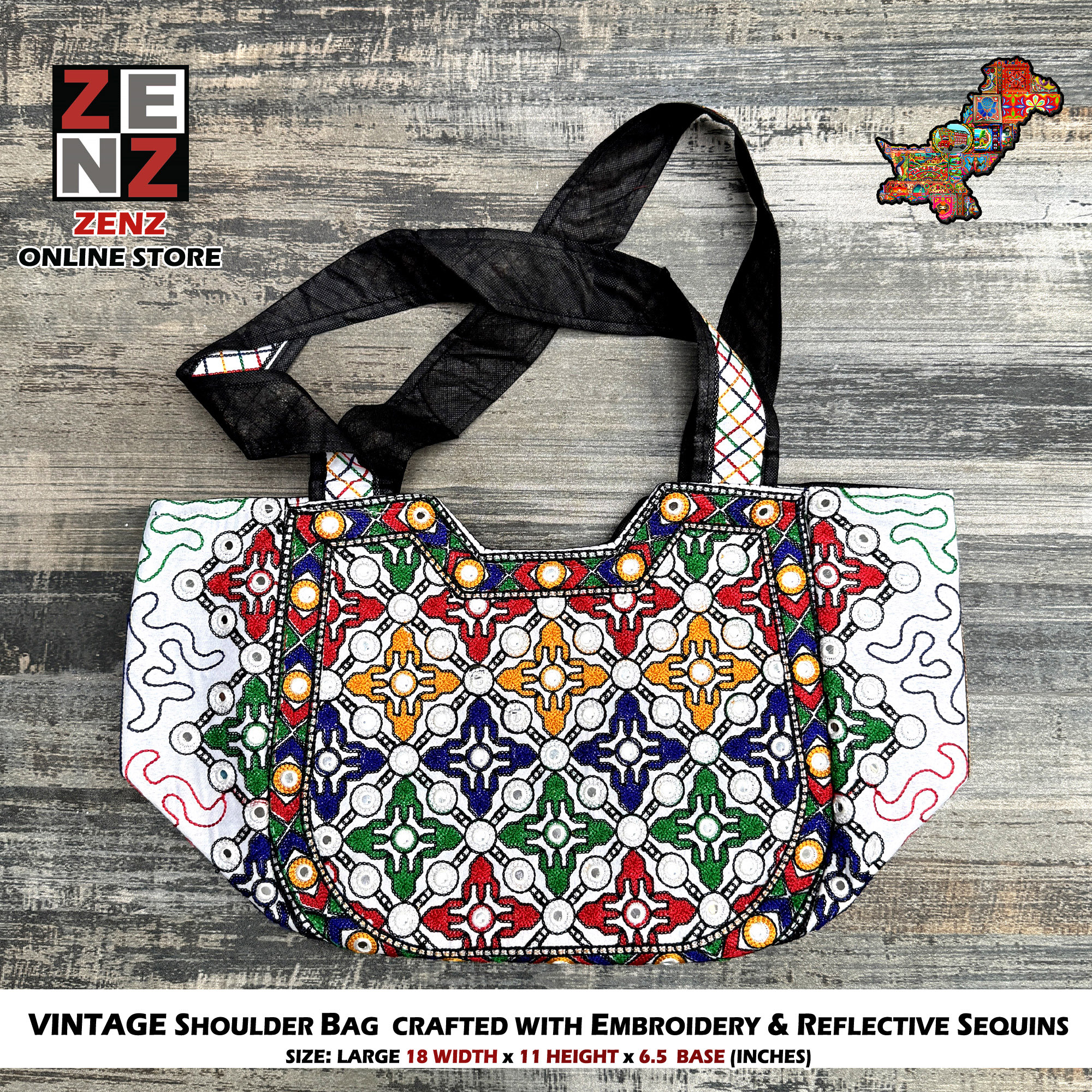 Pakistani Sindhi Traditional Embroidered Large Shoulder Tote Boho Bag Purse Multicolour Zipper Closure Vintage ZENZ For Adult Females Girls Ladies Women Ajrak