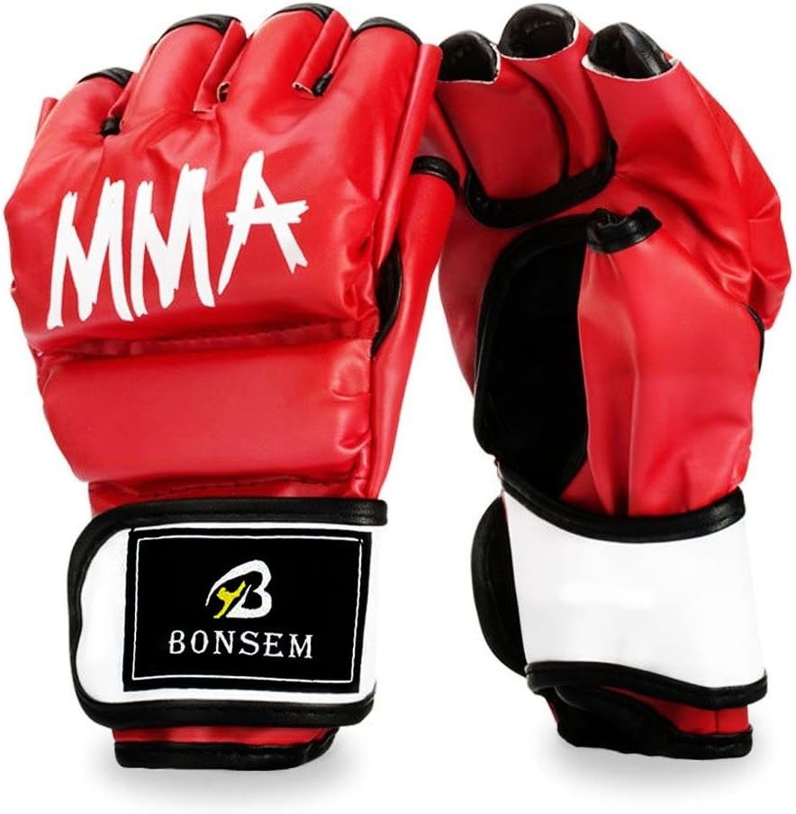 AQEEL-STORE MMA Gloves, Half-Finger Boxing Fight Gloves MMA Mitts with Adjustable Wrist Band UFC Gloves for Sanda Sparring Punching Bag Training (Black)
