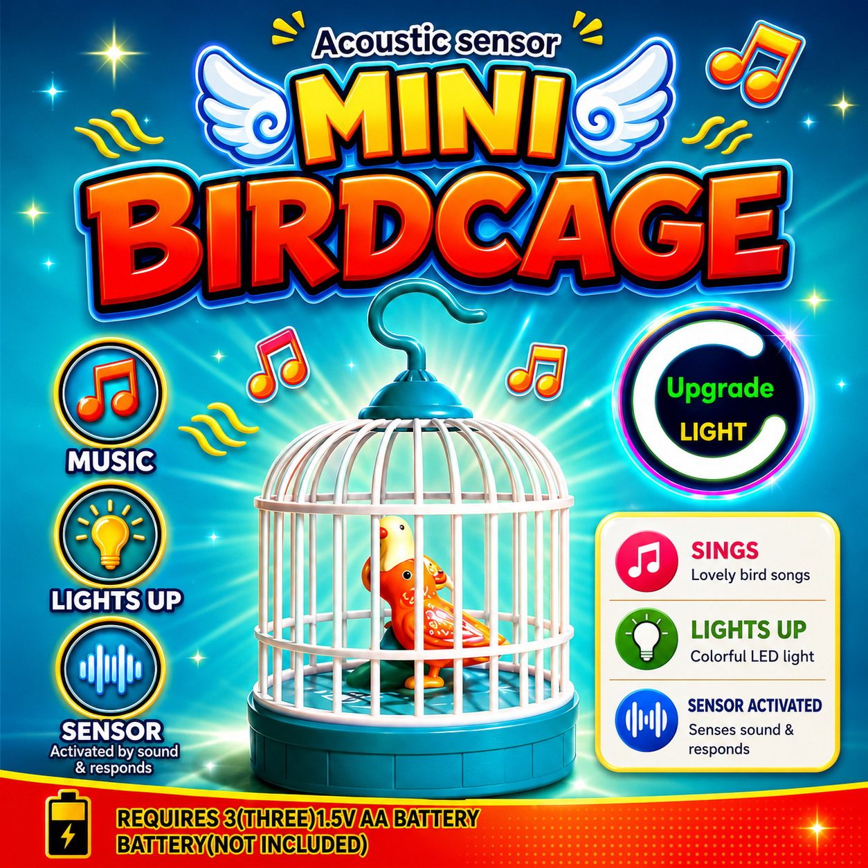 Voice Control Bird Cage Toy – Talking & Singing Electric Mini Parrot with Light & Sound | Hand Sensor Chirping Bird Toy for Kids | Realistic Electronic Birdcage