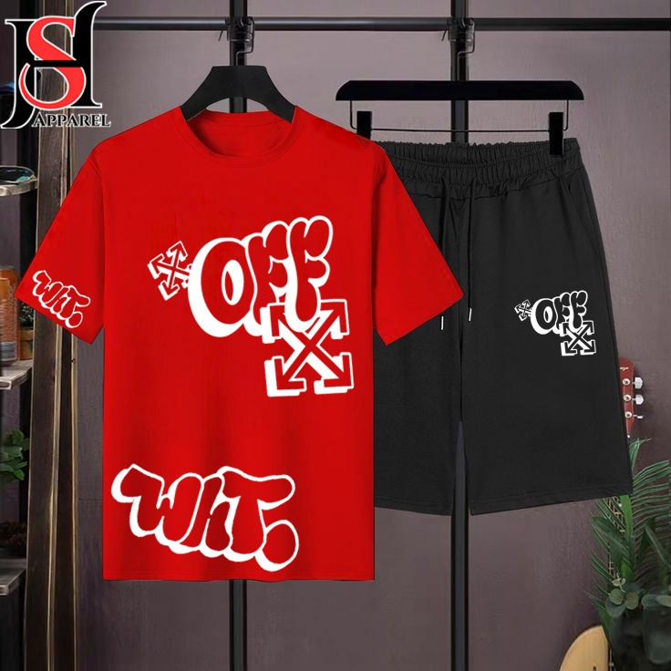 Off White Printed Cotton Half Sleeves O Neck Short & Tshirt For Men & Boys Track Suit Summer Girls Party Gym
