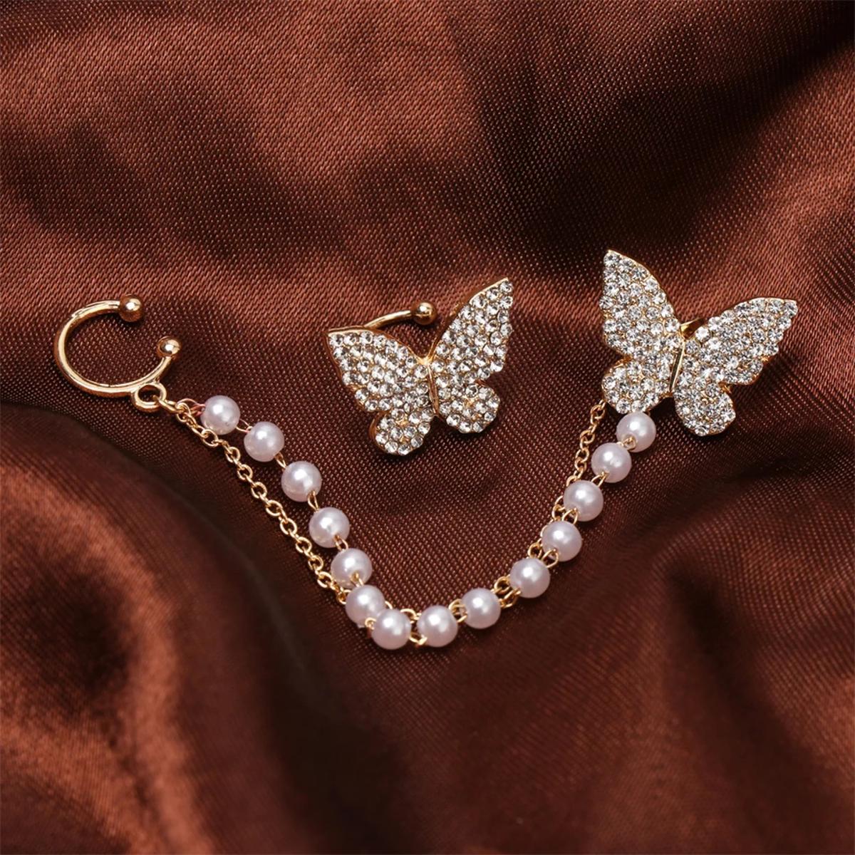 Korean Jewelry Pearl Zircon Butterfly Chain Drop Earrings Girl Woman For Gifts Friends