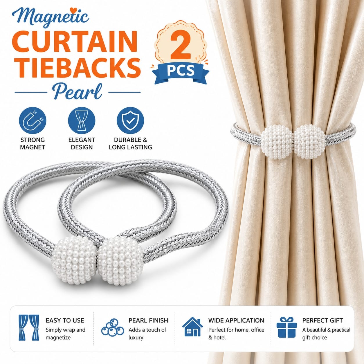 1Pair (2PCs) Parday Curtain Tiebacks Curtain Buckle Draperies Pearl Magnetic Rope Braided Straps Ball Buckles Rings & Buckles Holder Punch Free Curtains Hold Clips Curtain Accessories
