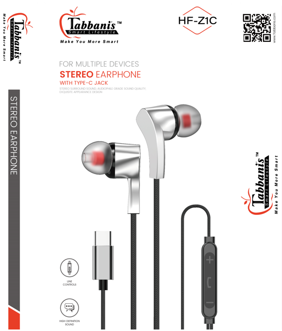 TABBANI'S TYPE'C' JACK/ 3.5MM PIN HANDSFREE - SMART 3D STEREO COPPER SOUND EARPHONE - CLEAR & TRANSPARENT MIC - CLEAR CALLING - VOLUME CONTROLLER - HANDSFREE - 1.2METER - Gaming Handsfree - HF-Z1/HF-Z1C - EASY TO CARRY - Easy To Use - For Travel And Tours