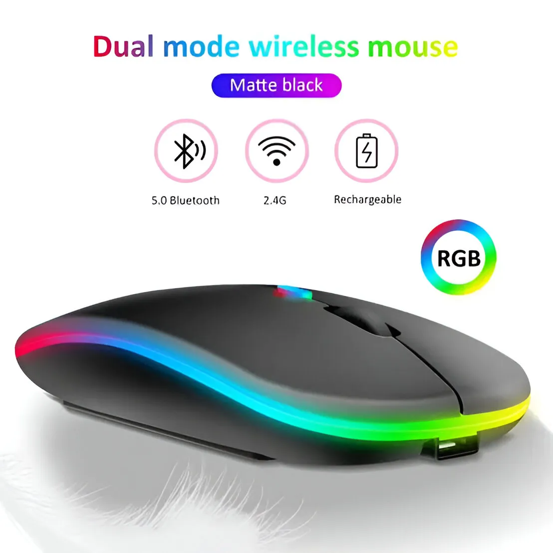 Ultra Slim RGB Bluetooth Wireless Mouse – Dual Mode Bluetooth 5.1 + 2.4G USB Receiver, Rechargeable Battery, Silent Clicks, Adjustable DPI Levels, Ergonomic Portable Optical Gaming & Office Mouse for Laptop, PC, Computer, MacBook (Multicolor)Ultra Slim RG