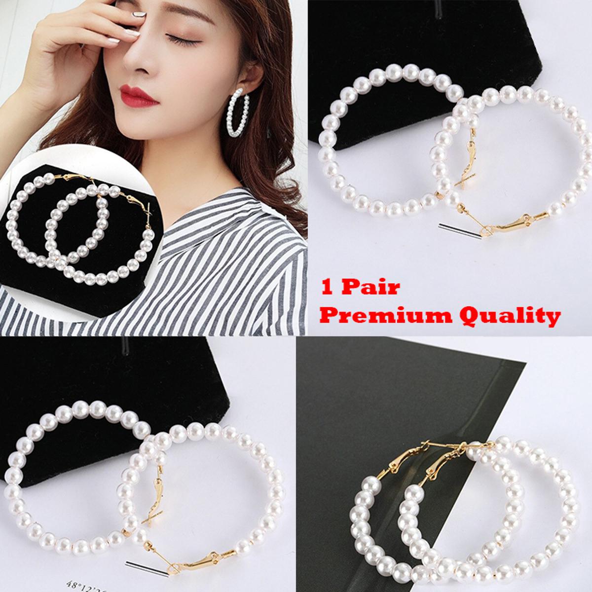Round White Pearls Hoop Big Circle Earring For Women / 5.5cm Circle Diameter / Wedding Engagement Party Girls High Quality Jewelry