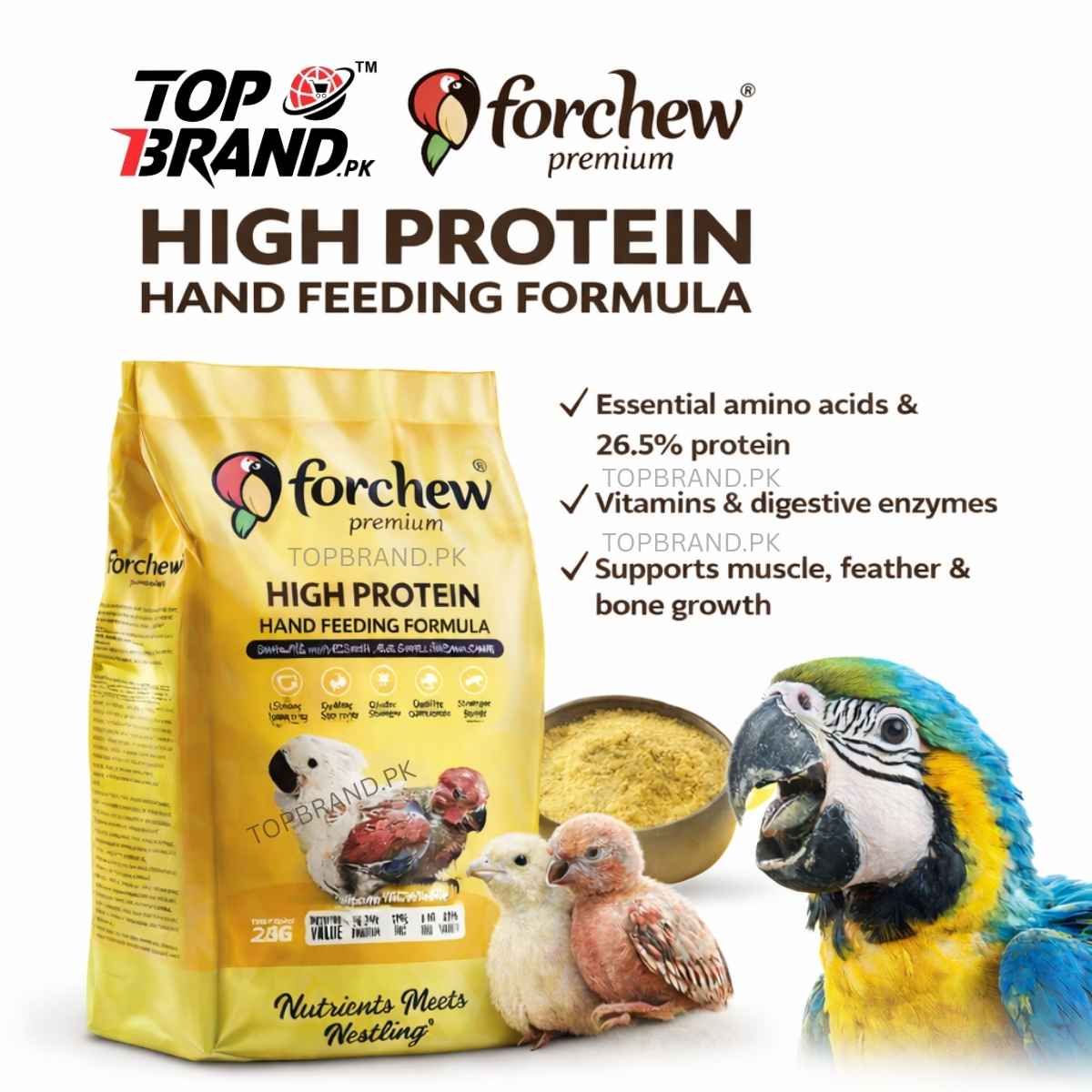 Forchew High Protein Hand Feeding Formula | Baby Parrot & Macaw Chick Feed | 26.5% Protein | Complete Nutrition for Hand Raised Birds