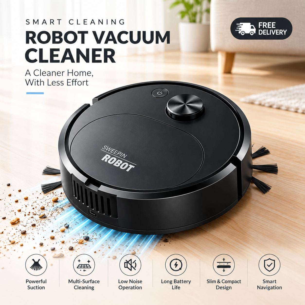 Imported Electric Carpet Robot Cleaner - 1200Pa - Robot Vacuum Cleaner - Automatic Dust Floor Cleaner Machine - Powerful Suction Cleaning Robot With Smart Sensor - For Household & Office - Easy To Use