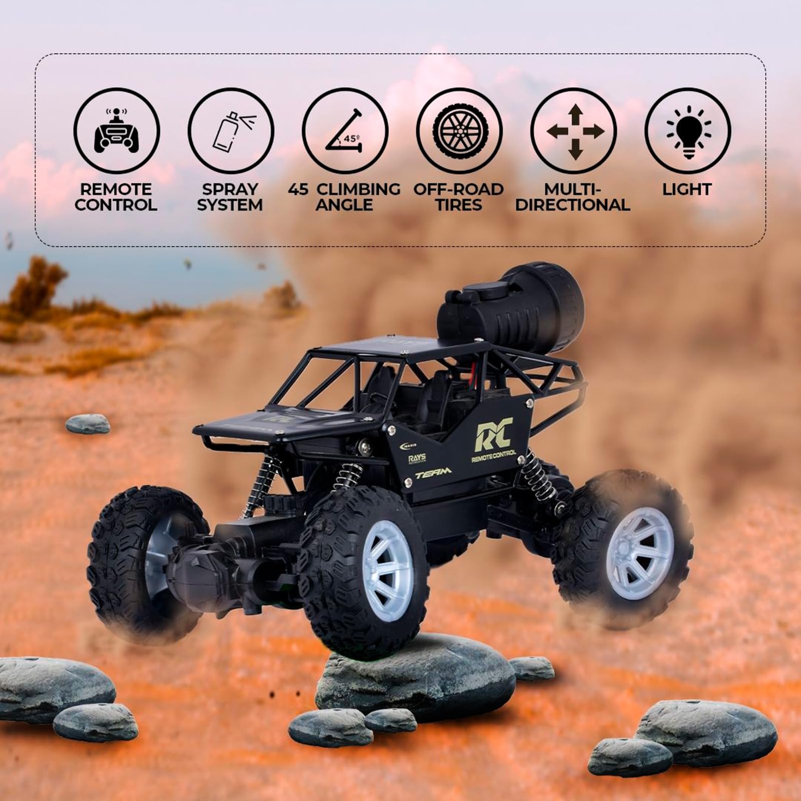 RC Remote Control Monster Truck 4x4 Off-Road Rock Crawler RC Toy with Smoke Spray Feature | RC Monster Truck Car with Soft Rubber Tires | High-Speed Rechargeable Rock Crawler | Metallic Body | Battery Included 2.4Ghz 1:16 Scale Car for Boys and Girls