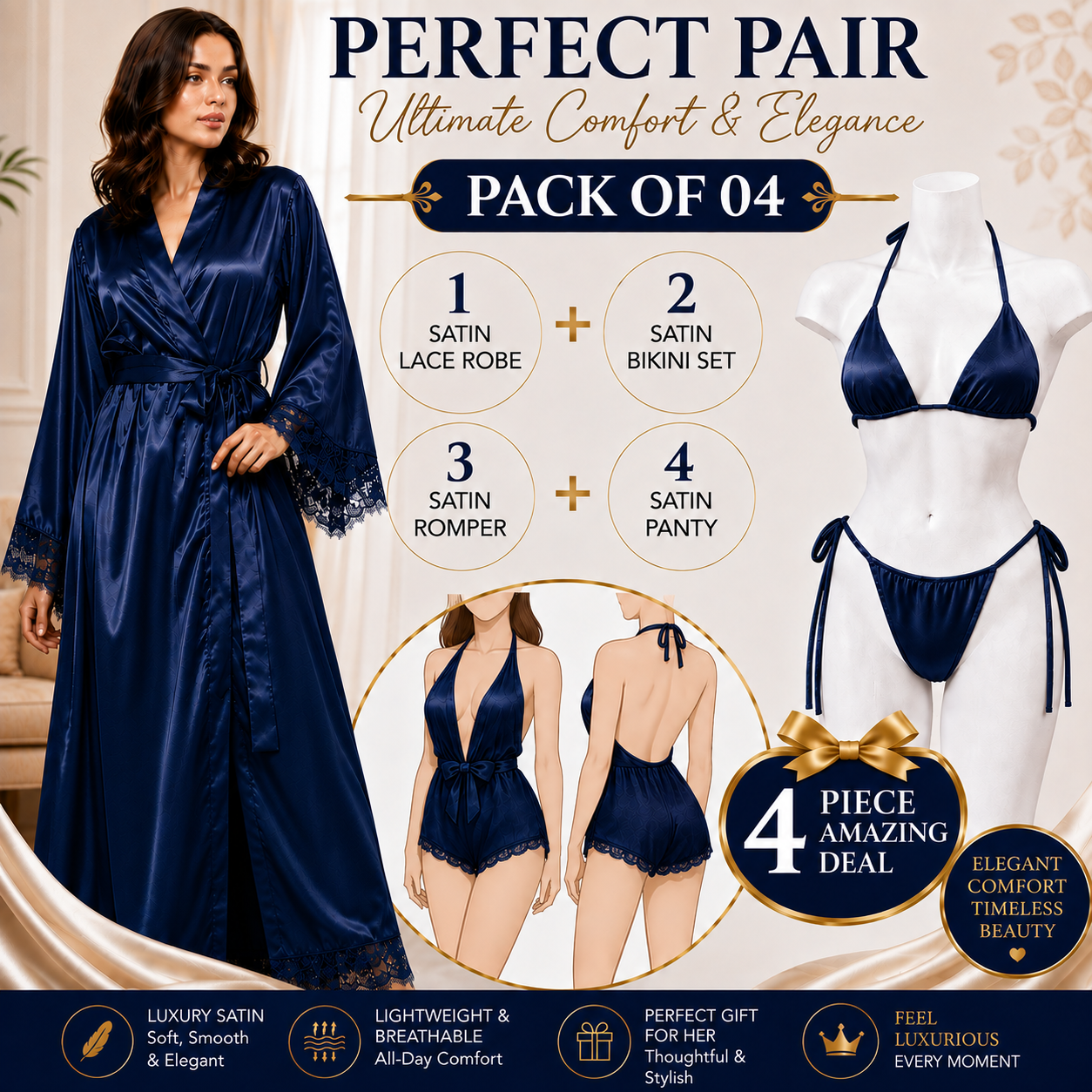 Pack of 04 - Pure Satin silk saxy hot honey moon nighty set, saxy nighty, saxy nighty dress for women, saxy night suit for girls, hot saxy night suit for Girls, Satin Silk Gown Night Dress Satin Robe Short Kimono for Bride Lace with Inner & Bikni - N.Blue
