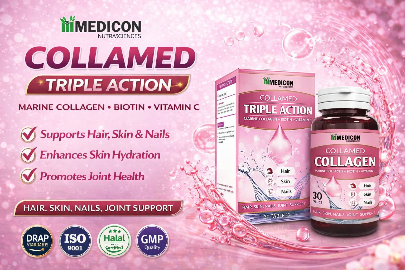 Collamed Collagen Supplement Marine Collagen + Biotin + Vitamin C for Skin Glow, Hair Growth, & Reduce Wrinkles & Aging 30 Tablets