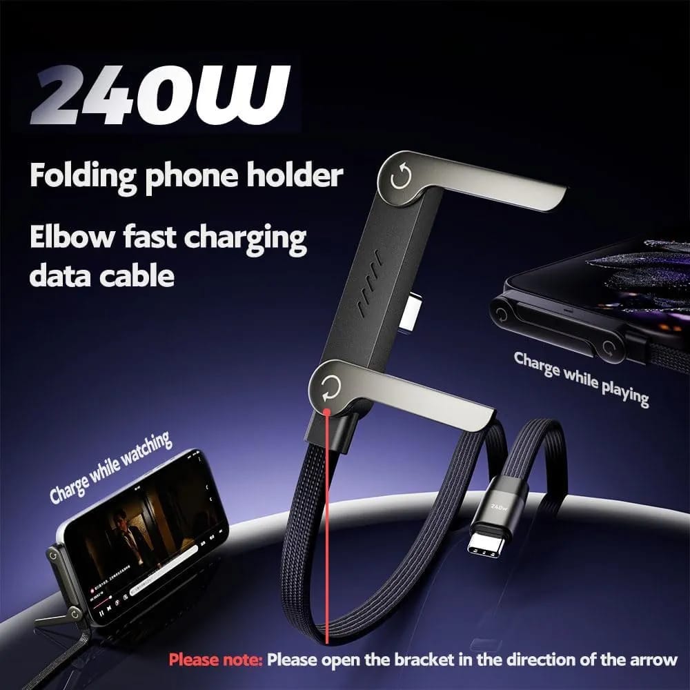 240W USB-C Fast Charging Cable with Adjustable Folding Stand | E-Marker PD Charging Cable | 480Mbps Data Cable | Gaming Elbow Design | Type-C to Type-C