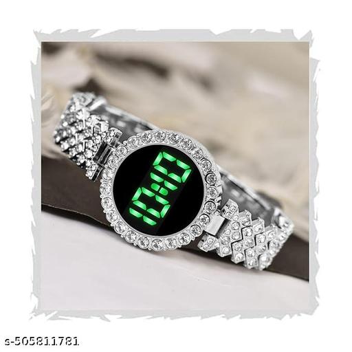 Diamond Touch Screen LED Watch for Ladies –Jewellery For Girls Style in Stainless Steel Chain Digital Wristwatch for Women's – Stylish Fashion Watch For Girls With Bracelet in Silver Stone Round & Square Dial Shape For Gift