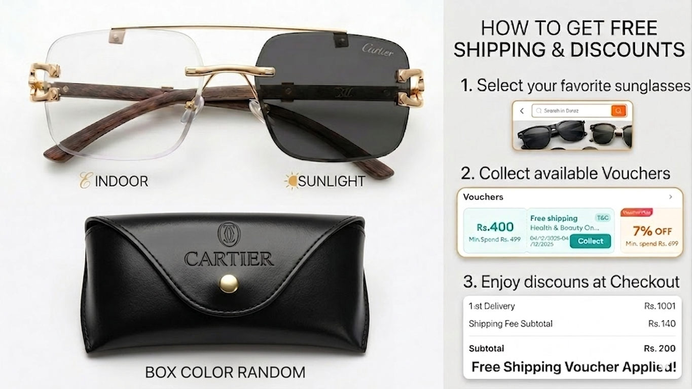 UrbanHive.pk Premium Solar Magic Cheetah Inspired Indoor White Outdoor In sunlight Black Style Photochromic Sunglasses For Men & Women - Rimless Transition Eyewear Glasses for Girls & Boys - Unisex Frameless Fashion Shades for Ladies