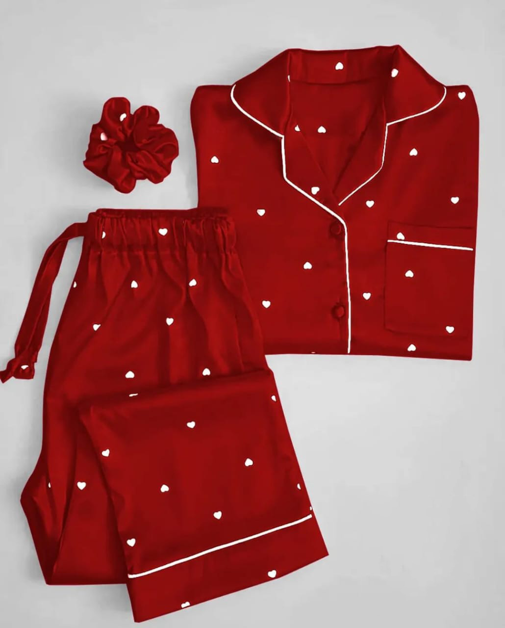 Hearts Printed Ladies Silk Night Suit For Women (Sleep Wear) 2-Piece Shirt & Trouser Night Dress For Girls