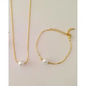 Single Pearl Moti Golden Chain Necklace + Bracelet for Girls