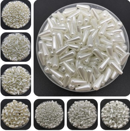30gm Plastic Imitation Pearl Teardrop Beads – 3x6mm, 4x8mm, 5x10mm, 6x10mm, 8x11mm | 1.5mm Hole Beads for Jewelry Making & DIY Crafts | Tawakkal Craft