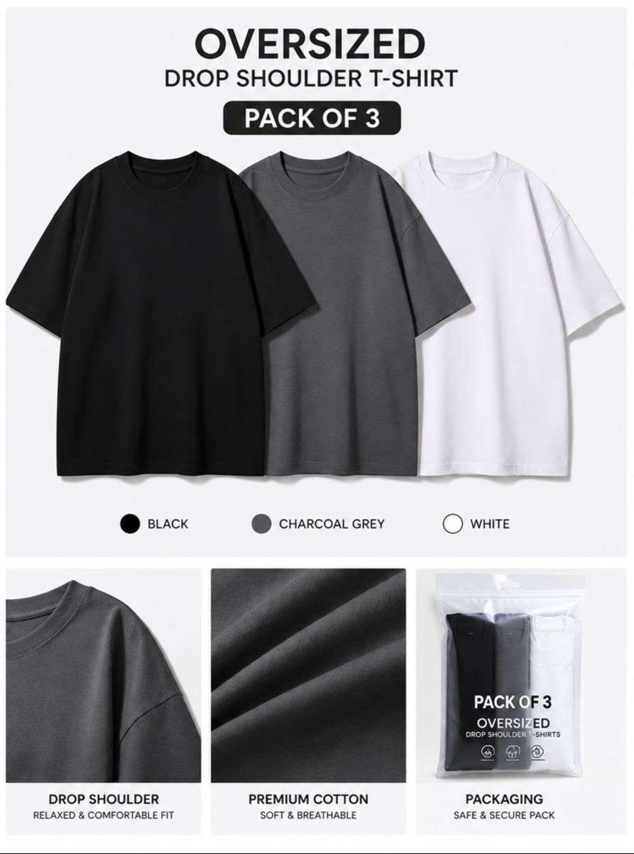 Oversized Plain Drop Shoulder T-Shirts for Men – Pack of 3 (Black, Grey & White)