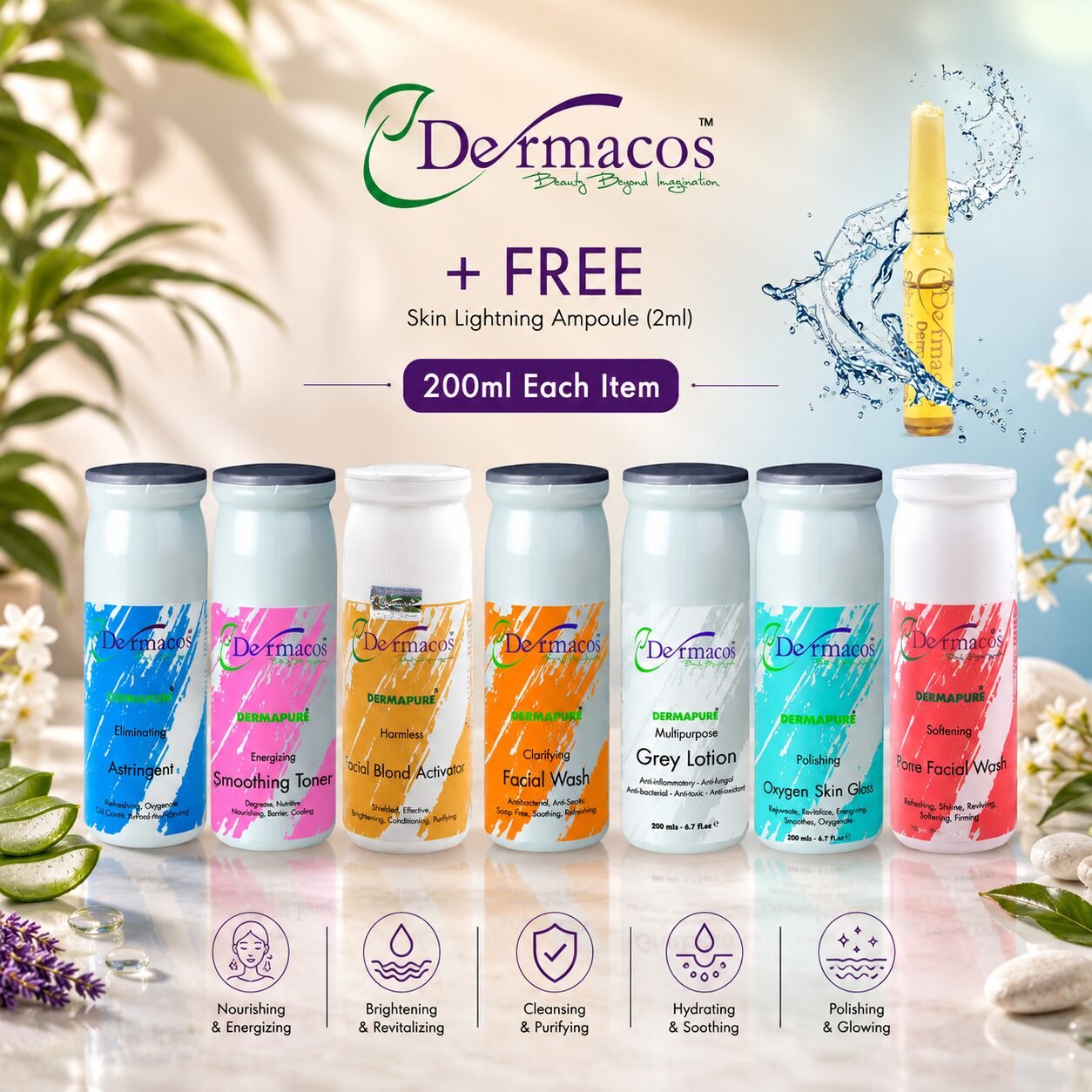 Complete Facial Tubes (200ml Each) Pack of 7 + Skin Brightening Ampoule (2ml) | Personal Care Set