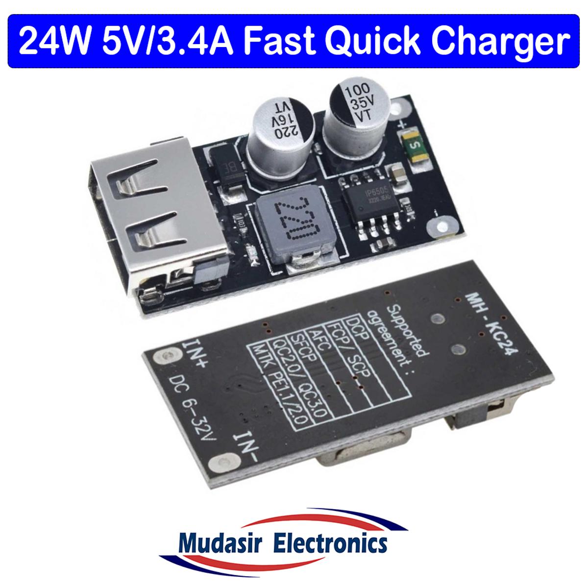 Single USB QC3.0 QC2.0 Fast Charging Module 6-32V DC, 24W Buck Converter Board with Auto 5V 9V 12V Output for Mobile Charging, Car, Solar and DIY Power Projects | Mudasir Electronics |