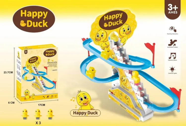 Small Electric Duck Climbing Stairs Toy With Flashing Lights And Music On Off Button
