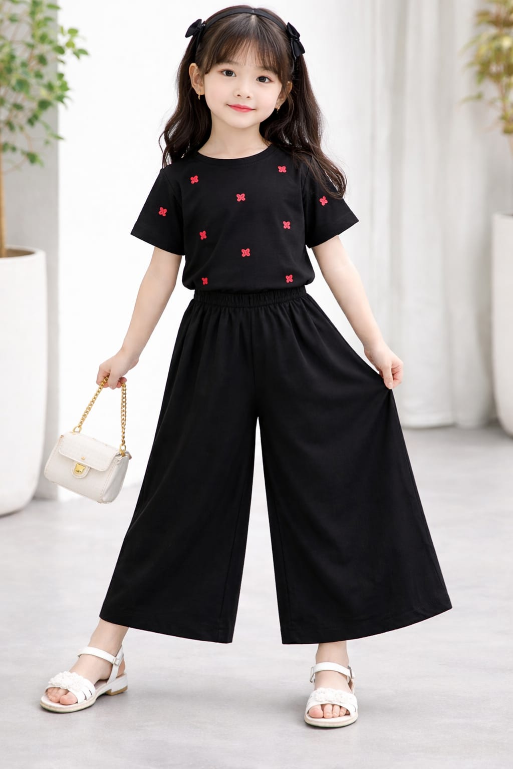 Printed Girls T-Shirt & Black Flapper Set  For Kids – Best for Eid Gift