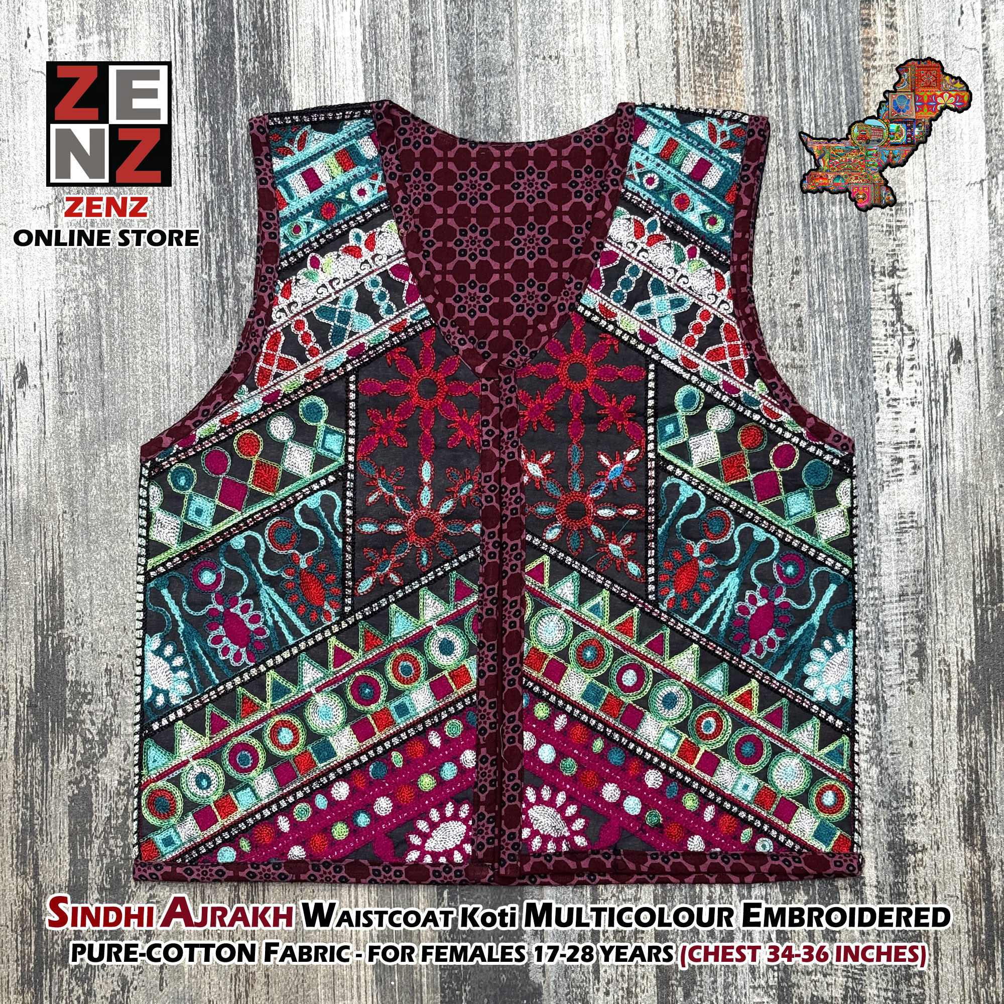Sindhi Ajrak Traditional & Cultural Party Wear Embroidered Cotton Gilet Waistcoat Koti for Females Girls Women by ZENZ